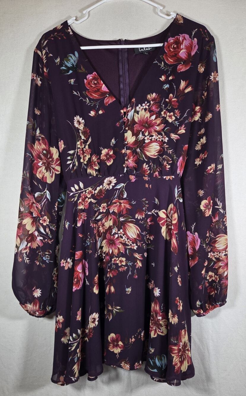 Lulus Always Yours Plum Purple Floral Print Long Sleeve Skater Dress size L
